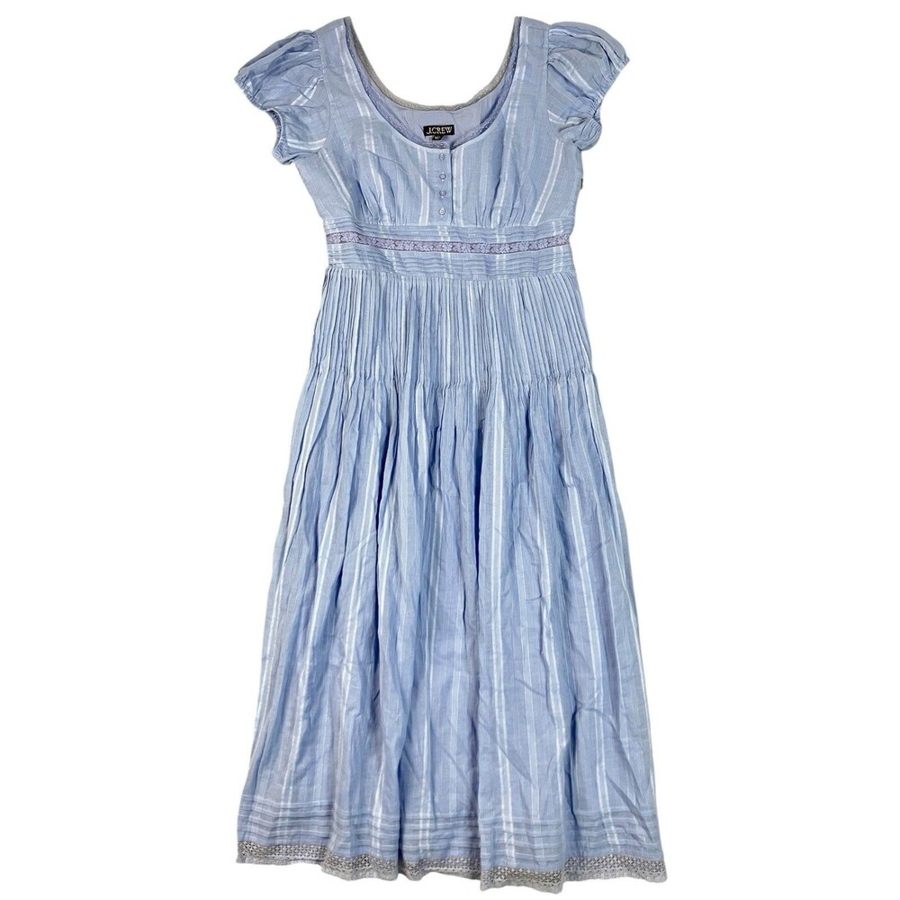 J Crew Lace Feminine Midi Dress 10 Blue Cotton Stripe Puff Sleeve CS953